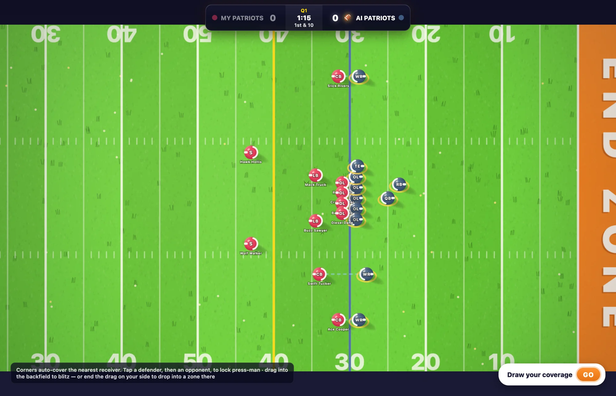 A close view of the Murica Bowl line of scrimmage with named defenders and receivers.