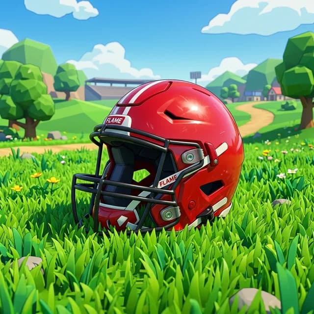 An illustrated red football helmet sitting in bright grass.