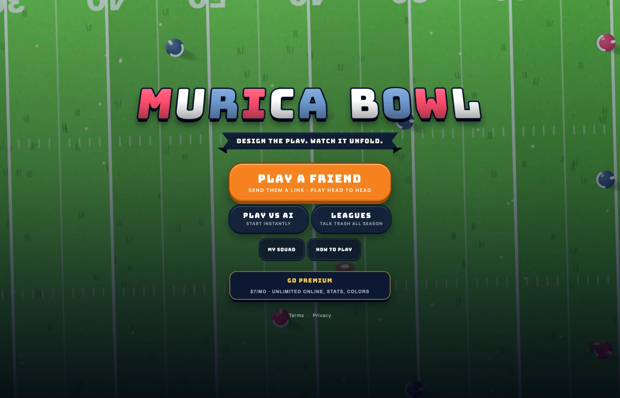 The Murica Bowl title screen over a green football field with options to play a friend, play the AI, or join a league.