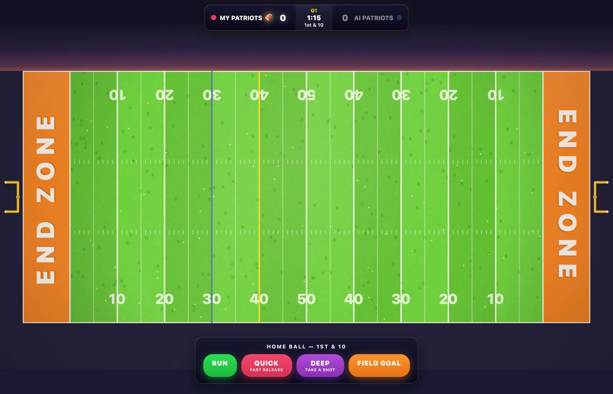 The full Murica Bowl field between downs, with the play call bar offering run, quick, deep and field goal.