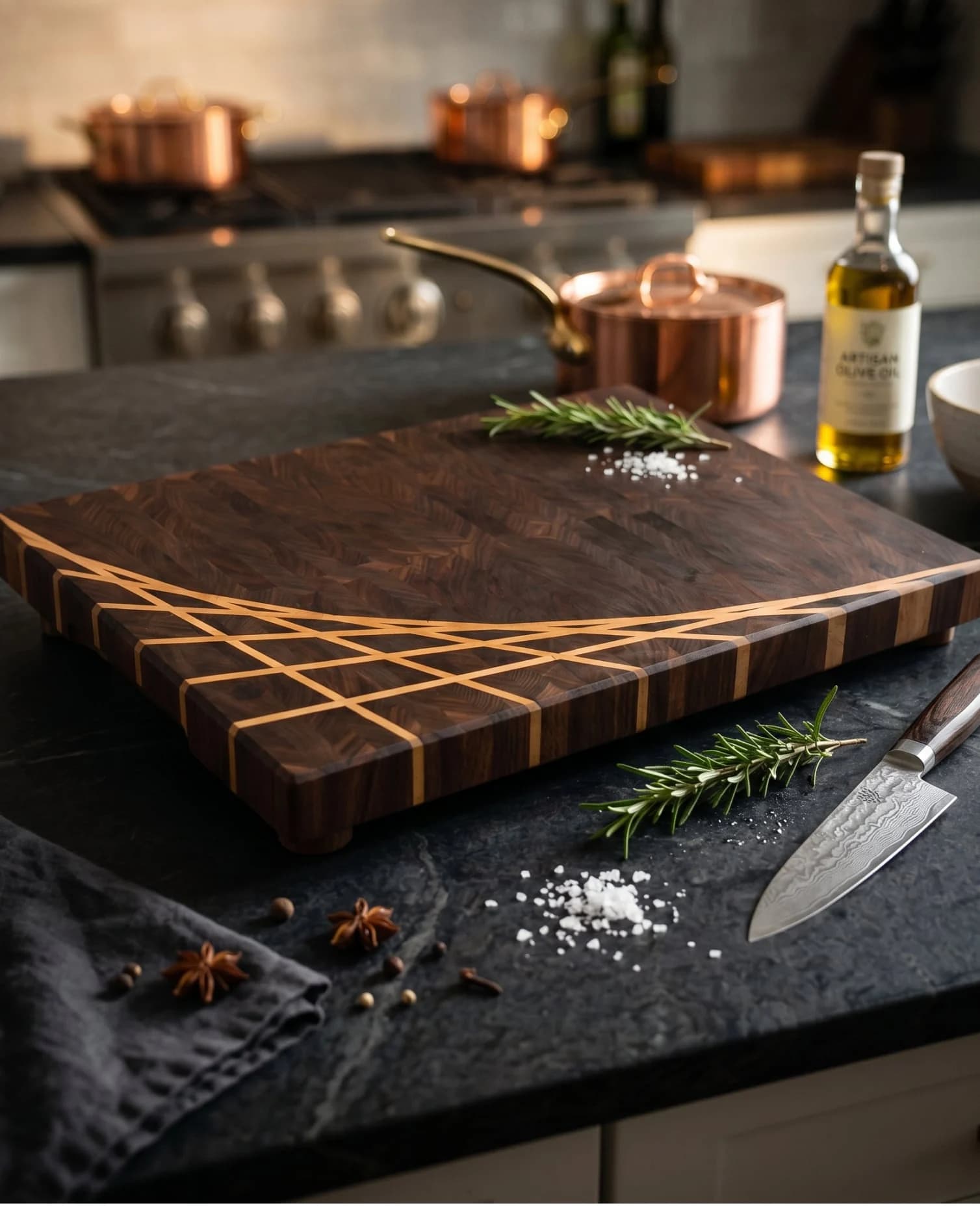 A thick end grain walnut cutting board on a dark counter with herbs and a knife.