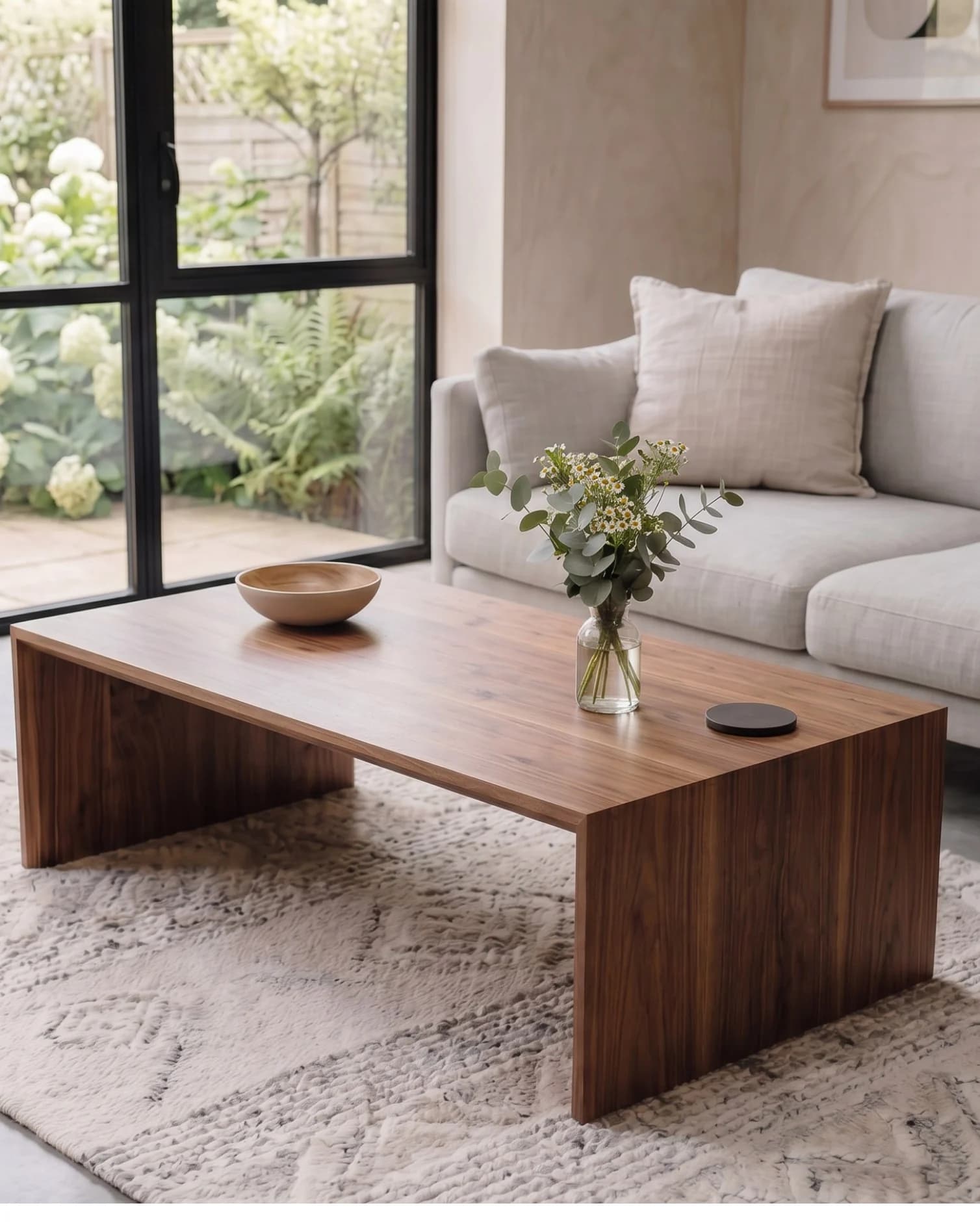 A walnut waterfall coffee table with a continuous grain edge in a living room.