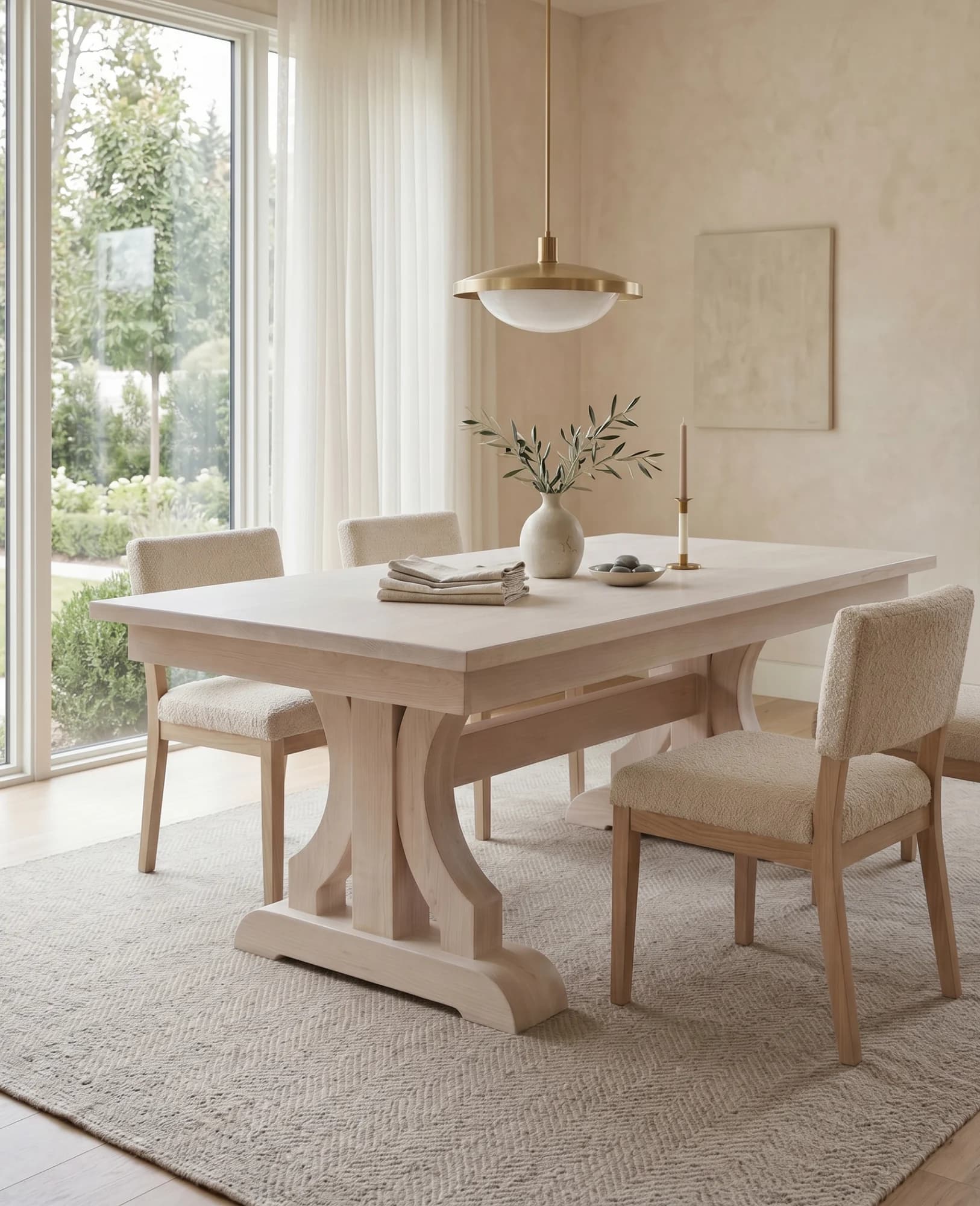 The Ashenvale dining table, a solid hardwood table with a sculpted pedestal leg, in a neutral dining room.