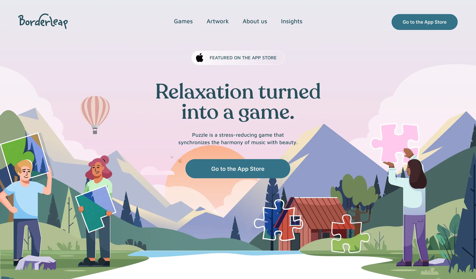 A Borderleap marketing site design with an illustrated landscape and app store call to action.