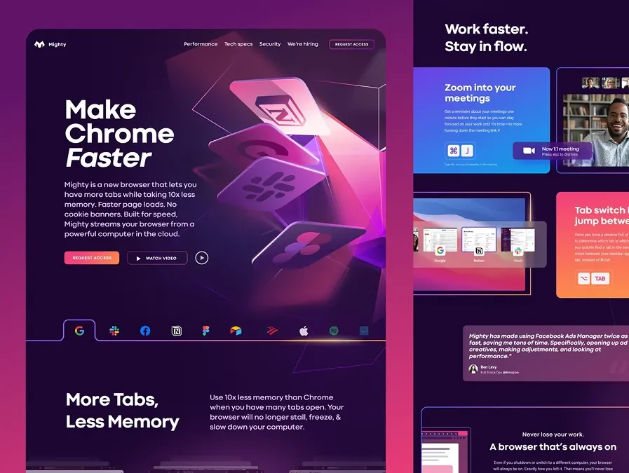 A dark marketing website layout reading make Chrome faster with product screenshots.