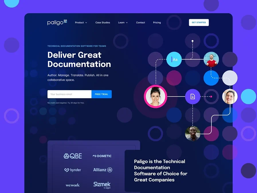 A dark blue documentation product website design for Paligo with an interface diagram.